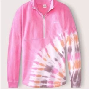VICTORIA'S Secret Pink Peach Tie Dye Varsity Half Zip Pullover Sweatshirt